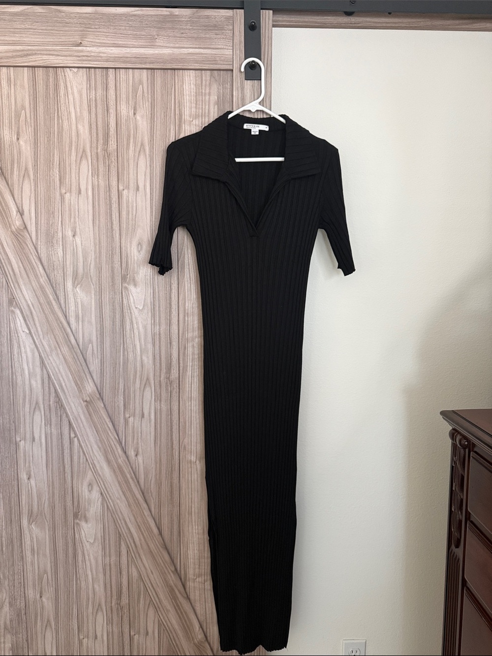 Stateside Black Ribbed Maxi Dress with V-Collar